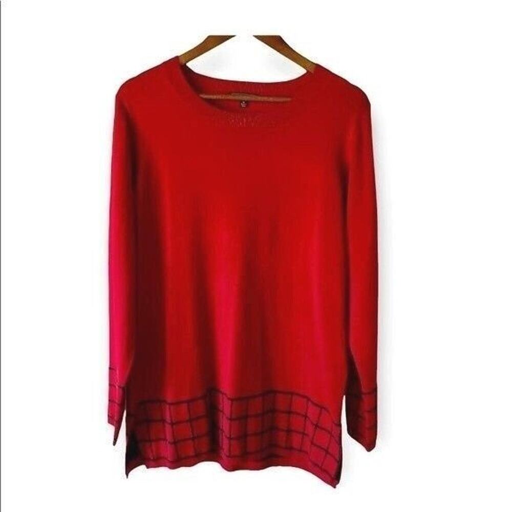 Lety & Me Red Sweater Black Grid Hem Long Sleeve Lightweight XL